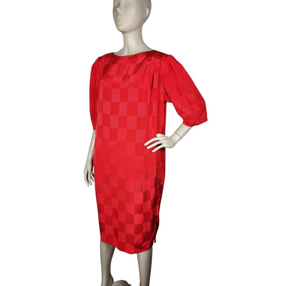 Vintage 80s Liz Claiborne Red Brocade Checker Puff Sleeve Shift Dress Size 12 - Picture 6 of 10